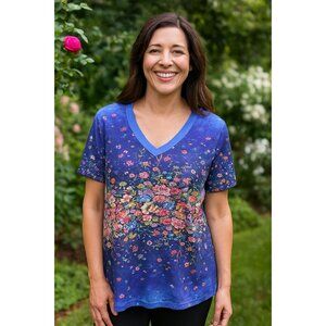 Misslook V-Neck T Shirt Blue Floral L Short Sleeve  Boho Cottagecore Casual Chic